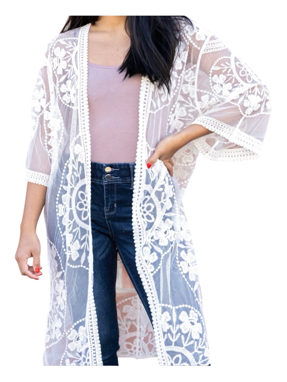 Indigo Poppy Ivory Sheer Lace Kimono/cover up, 2X